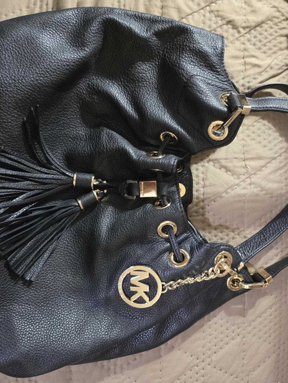 Michael Kors Black Pebbled Leather Shoulder Tote with Gold Hardware
